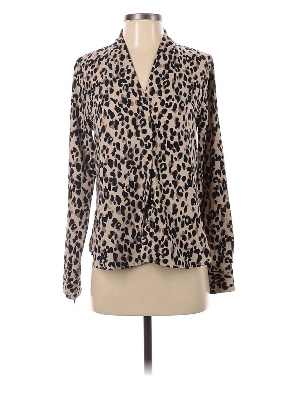 Leopard Print Long-Sleeve V-Neck Blouse - Beige/Black